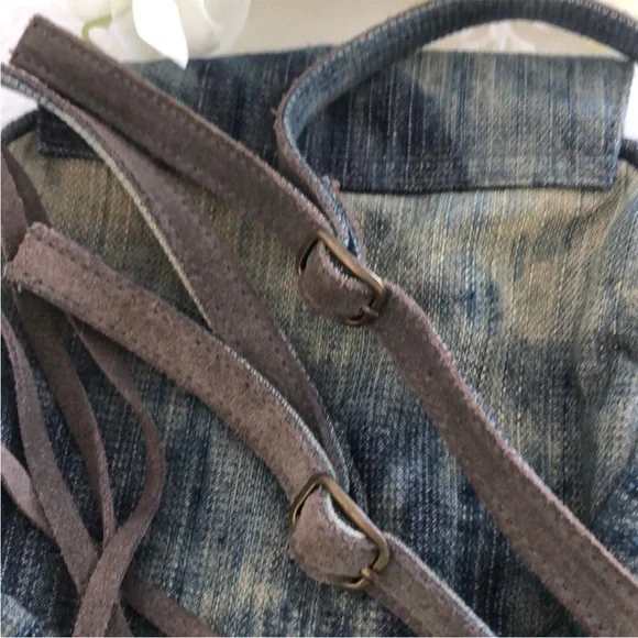 FREE PEOPLE Small Distressed Blue Denim & Gray Leather Fringed Crossbody - Picture 7 of 7